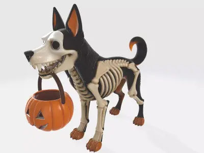 Halloween Skeleton Dog with Pumpkin Bucket Spooky Figurine 3D print model