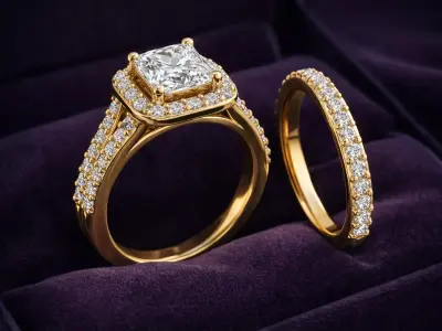 Princess Diamond Halo Engagement Ring Bridal Set 3D print model