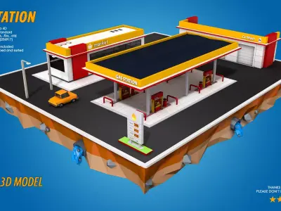 Low Poly Gas Station Market and Car Wash Low-poly 3D model
