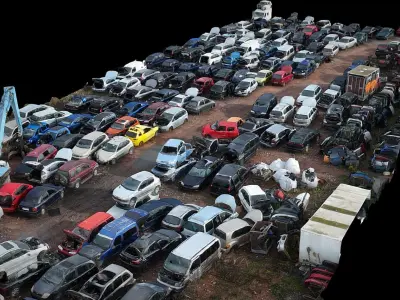 cars wreckage terrain large field drone photogrammetry Low-poly 3D model