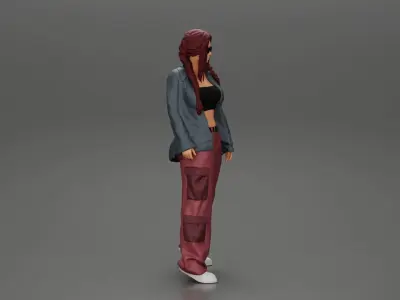 gangster lowrider girl posing in long shirt with long pigtail 3D print model