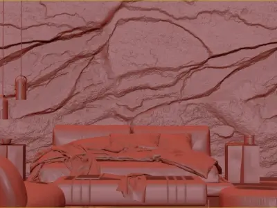 Black Rock Bedroom interior scene Rock Wall Set 002 3D model