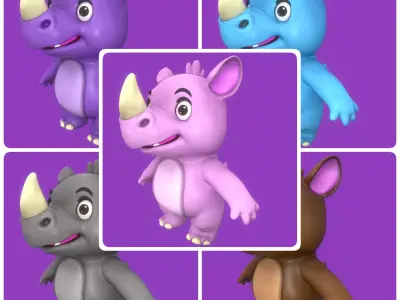 Cute Playful Rhino FullPack Low-poly 3D model