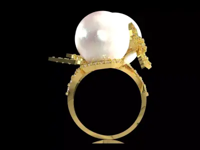 Dual Pearl Paved Flower stl 3dm jewelry Ring model pr0073 3D print model