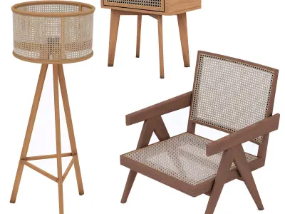 Chair-floorlamp-nightstand wooden lounge chair with woven seat 3D model