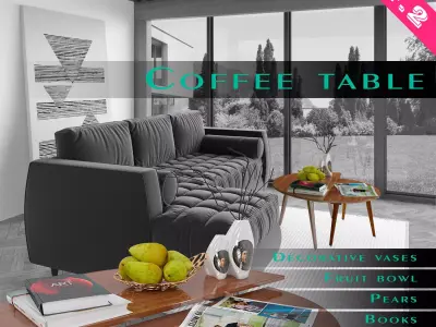 Furniture SET 2 coffee table with magazine and fruit 3D model