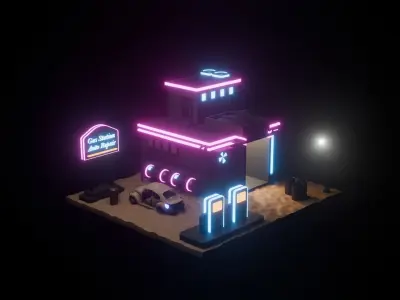Cyberpunk Stylized Gas Station Building 3D model Low-poly 3D model