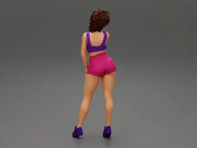 Beautiful Girl With Curly Hair Wearing Mini Short and sneakers 3D print model