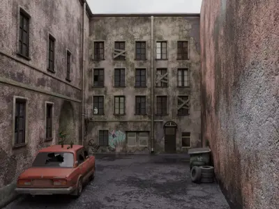Abandoned Urban Courtyard with Broken Car 3D model