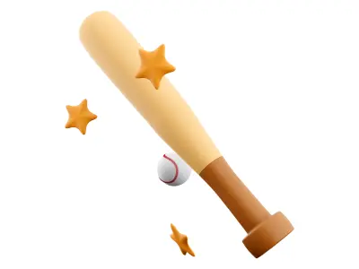 3d baseball ball and bat with stars around the icon 3D model