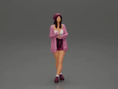 Pretty Girl with an Umbrella in Open Sweater and shorts Posing 3D print model