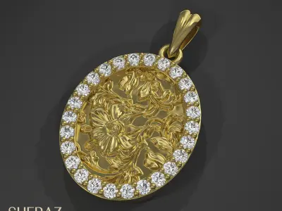 Exquisite Floral Oval Pendant with Diamond Accents 3D print model