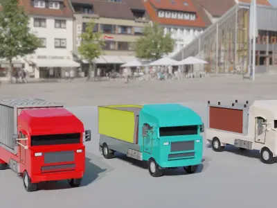 lowpoly truck three colorful trucks on city street Low-poly 3D model