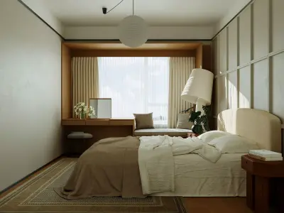 Modern Minimalist Beige Bedroom Interior 051 3D model