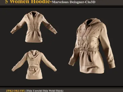 5 Women Hoodies -MD-Clo3D -ZPRJ - FBX - OBJ 3D model
