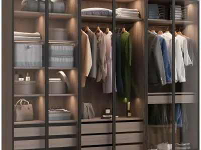 Wardrobe with clothes with glass doors 3D model
