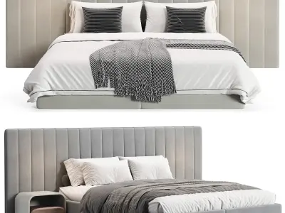 Walvia Gray Velvet Luxury Wide Headboard Bed 3D model buy