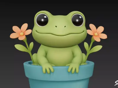Frog in Flower Pot Low-poly 3D model