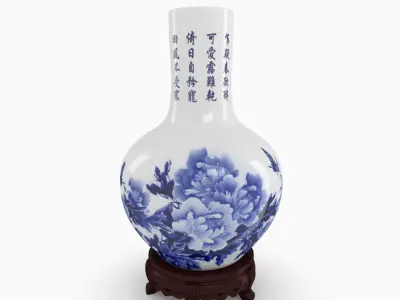 Chinese Blue and White Porcelain Vase with wood stand - Peony Low-poly 3D model