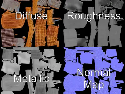 Wicker Picnic Basket Model Pack with Checkered Lining Low-poly 3D model