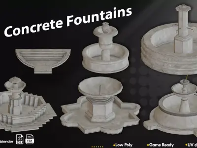 20 Concrete Fountains Game Ready Pack Low-poly 3D model