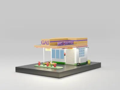 Gas Station Low Poly Diorama 001 Low-poly 3D model
