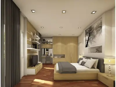 bedroom 1 with wooden floors and walls 3D model
