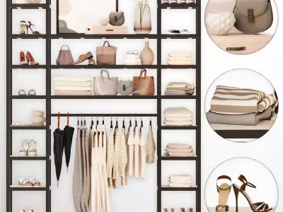 Wardrobe with clothes 2 beige rack for a clothing store 3D model