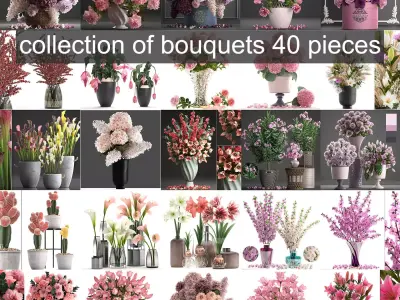 Collection of pink flower bouquets in vases 40 pieces 3D model
