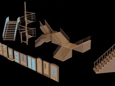 Low poly stairs and doors Low-poly 3D model