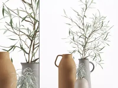 Vases set by H M with olive and rosmarinus branch 3D model
