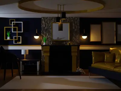Luxury Gold Living Room Scene Low Polly Low-poly 3D model