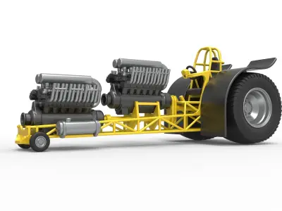 Pulling tractor with 2 engines V12 in line Scale 1 to 25 3D print model