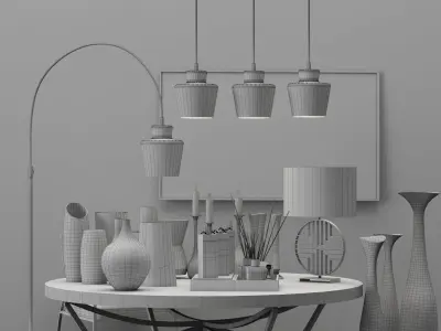 Decorative set - 4 modern living room with three pendant ligh... 3D model