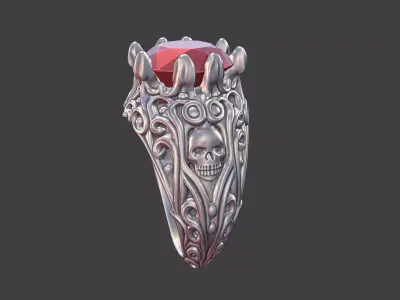 silver skull gemstone scrollwork ring 3D print model