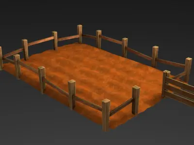 Field wheat with wooden fence Low-poly 3D model