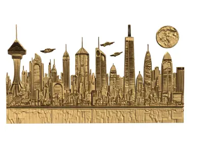  Futuristic Cityscape Printable Relief wall panel decor set 04 3D print model