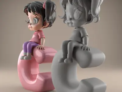 Cute Girl Sitting on Letter C STL 3D Model for Decor 3D print model