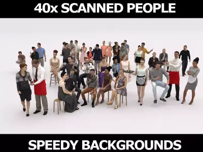 40x Crowds 19 Scanned Casual 12  Cafe Vol1and2 Sitting People Low-poly 3D model