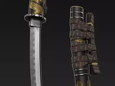 Tanto japanese sword with gold handle Low-poly 3D model