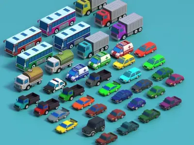 12 car Low-poly pack and 39-textures Low-poly 3D model