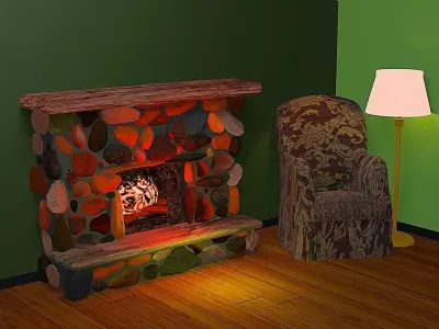 Rustic stone fireplace with two color animated procedural fire Free 3D model