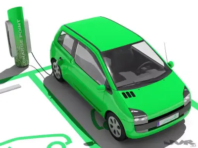Electric Car and Charging Post 3D model