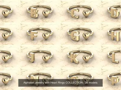Alphabet Jewelry with Heart Rings COLLECTION 3D Model Pack