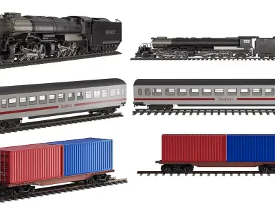 Trains with Lacomative  Train car and Conteiner train Low-poly 3D model