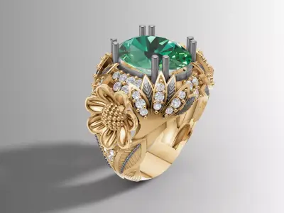  Cocktail Ring 3D Model Large Cabochon Floral Design 3D print model