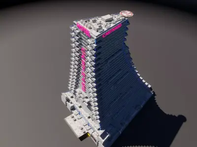 Huge skyscraper hotel with balcony and trapezoid shape Low-poly 3D model