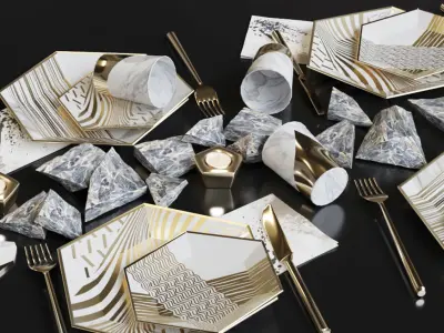Modern kitchen service with gold 3D model