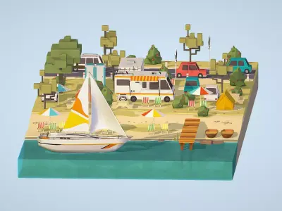 isometric camping big scene on the river Low-poly 3D model