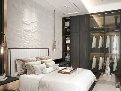 Modern black wood chinese style bedroom 3D model